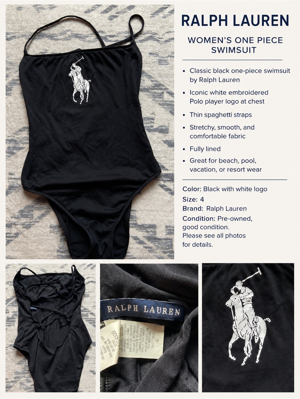 Ralph Lauren Black Polo Pony One Piece Swimsuit Size 4